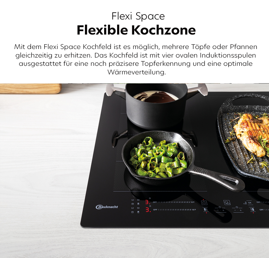 Feature-Banner, Bauknecht Flexi Space Induktionskochfeld mit vier ovalen Kochzonen, zwei Töpfen und einer Pfanne mit Gemüse und Fisch darauf.'