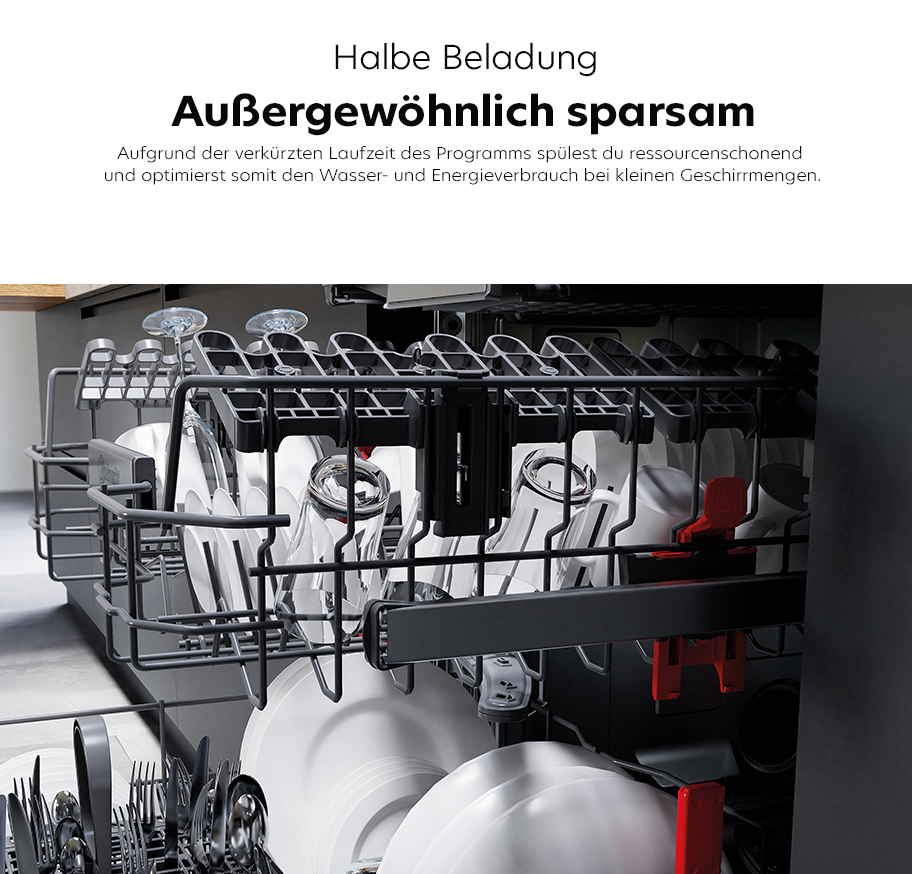 Feature-Banner, Halb beladener Bauknecht Geschirrspüler mit weißem Geschirr und Besteck in den Körben, Innenraum mit grauen und roten Elementen.'