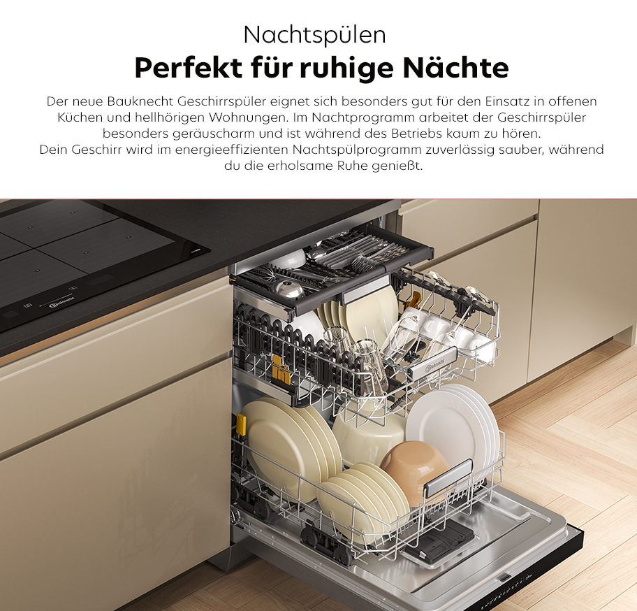 Feature-Banner für Bauknecht Geschirrspueler mit Nachtspuelen – für eine leise Nacht und eine perfekte Trocknung