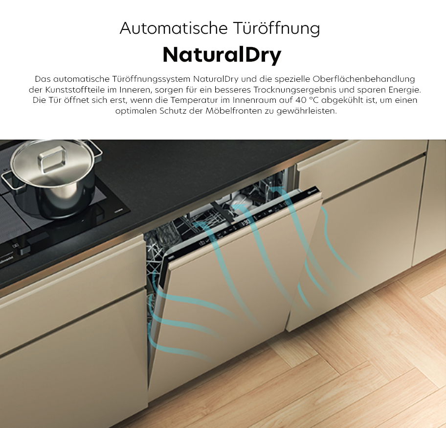 Feature-Banner, Geöffneter Bauknecht-Geschirrspüler in moderner Küchenzeile mit blauen Luftströmungen, die das automatische Türöffnungssystem NaturalDry visualisieren.'