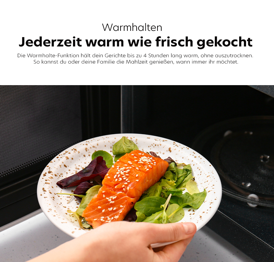 Feature-Banner, Hand hält Teller mit Lachsfilet auf Salat vor geöffneter Mikrowelle.'