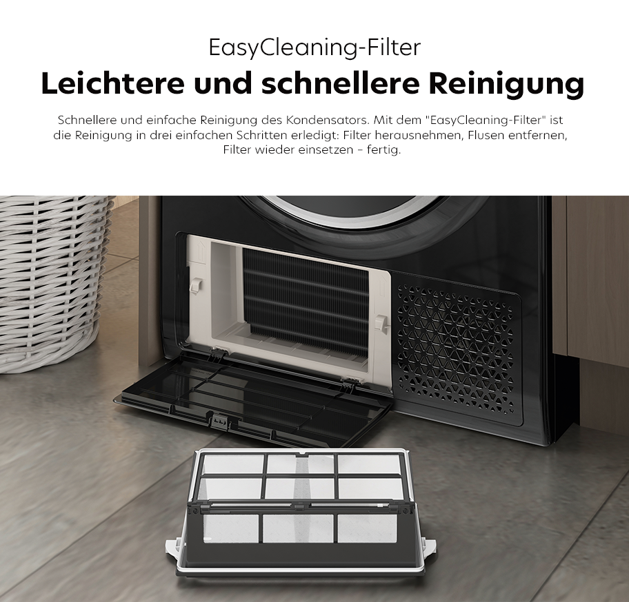Feature-Banner, Geöffneter schwarzer Trockner mit herausgenommenem rechteckigem EasyCleaning-Filter auf grauem Boden vor einem weißen Wäschekorb.'
