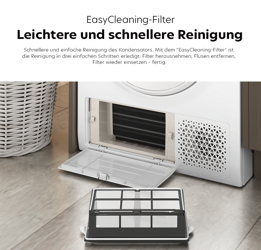 Feature-Banner, Geöffneter Kondensator mit herausgenommenem EasyCleaning-Filter vor einem weißen Gerät auf Boden, daneben Wäschekorb.