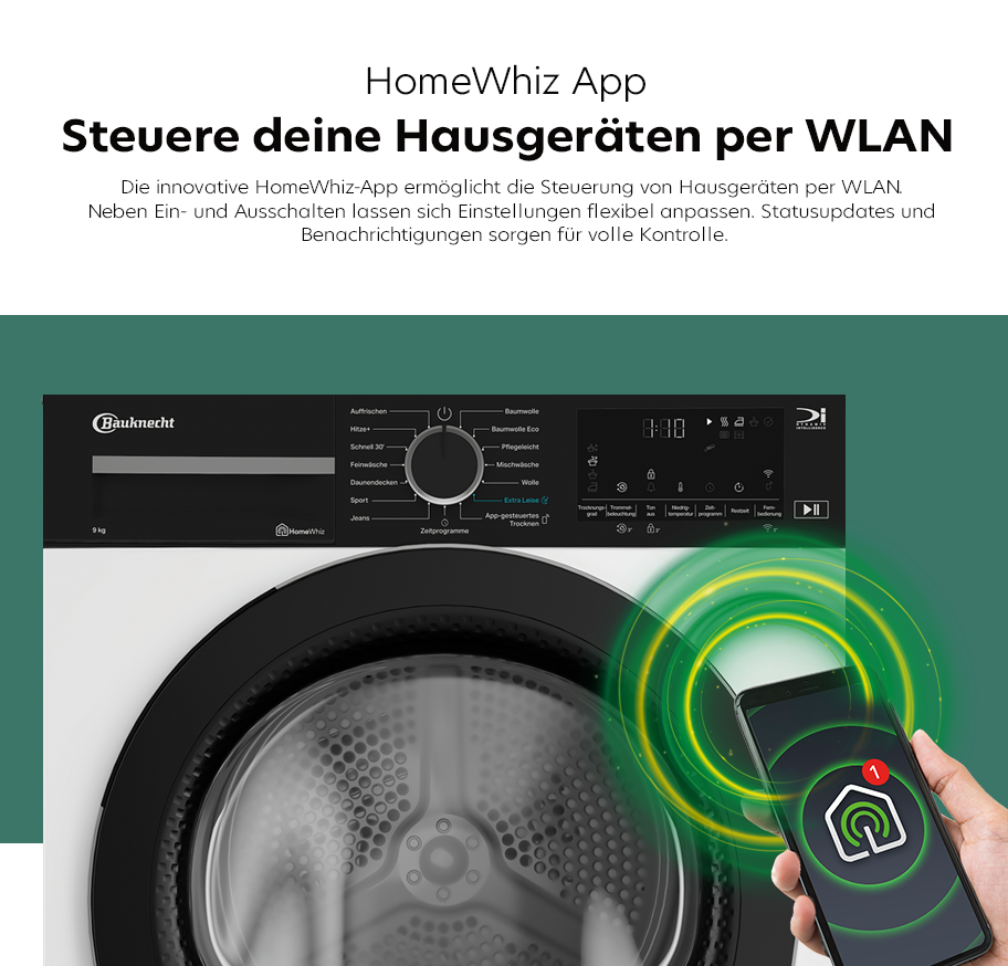Feature-Banner, Smartphone mit HomeWhiz-App zeigt Benachrichtigung, vor einem schwarzen Bauknecht-Wäschetrockner mit Drehregler und digitalem Display.'