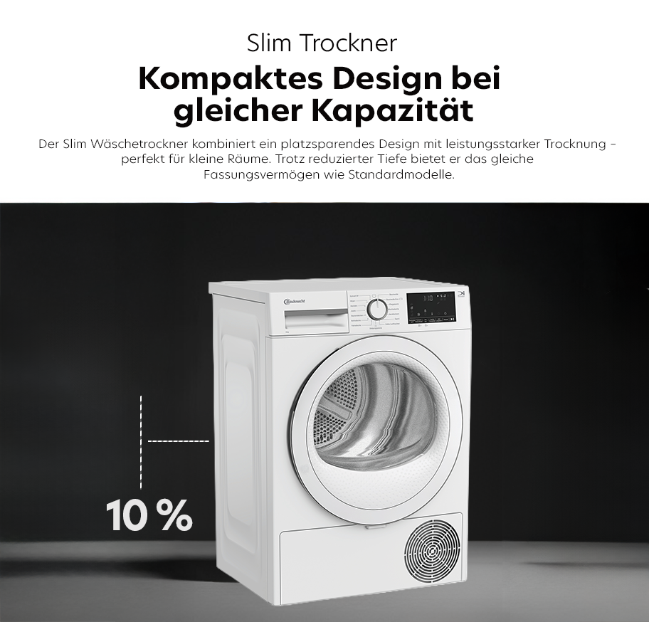 Feature-Banner, Weißer Slim Trockner von Beko mit rundem Bullauge, Bedienfeld mit Drehknopf und digitalem Display, hervorgehoben 10 % geringere Tiefe im Vergleich zu Standardmodellen.'