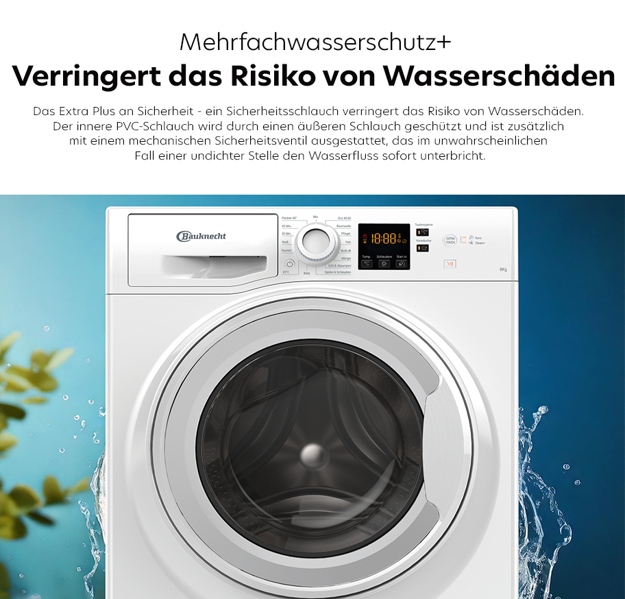 Feature-Banner, Bauknecht Waschmaschine mit digitalem Display und schwarzem Trommelfenster. Text: 'Mehrfachwasserschutz+ Verringer das Risiko von Wasserschäden'.