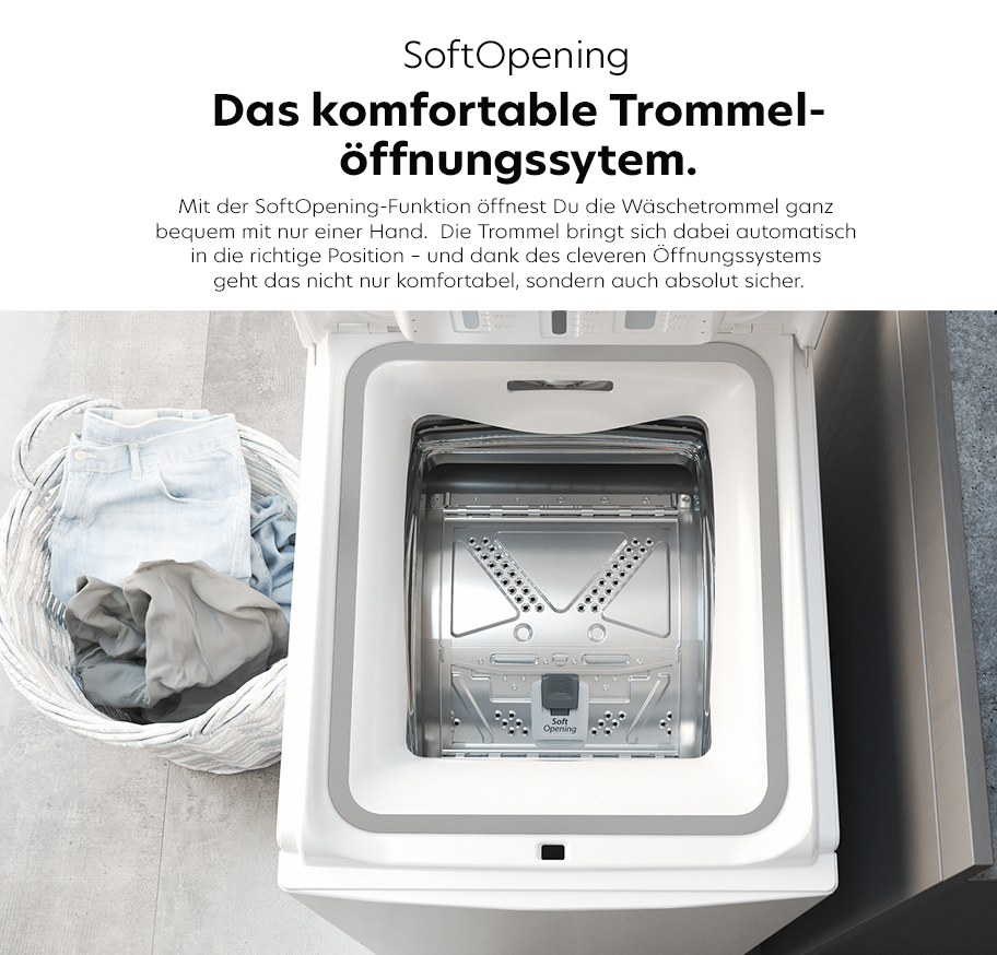 Feature-Banner, Bauknecht Waschmaschine mit offener Trommel, daneben ein Wäschekorb mit Kleidung. Text: 'Das komfortable Trommelöffnungsystem.'