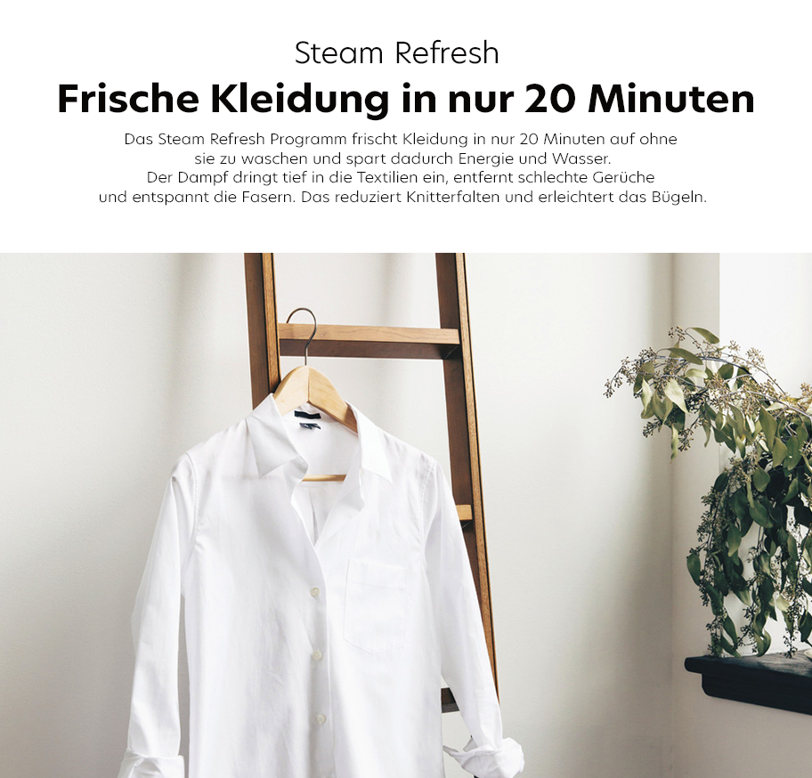 Feature-Banner, Weißes Hemd hängt an einer Holzleiter. Text: 'Steam Refresh Frische Kleidung in nur 20 Minuten'