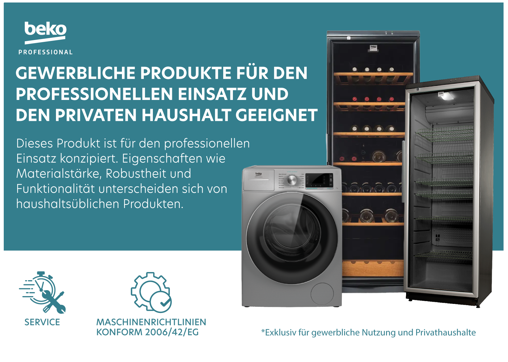 Feature-Banner, Banner mit dem Logo von Beko Professional, Text zu gewerblichen Produkten für professionellen und privaten Einsatz, daneben Waschmaschine und zwei Weinkühlschränke.'