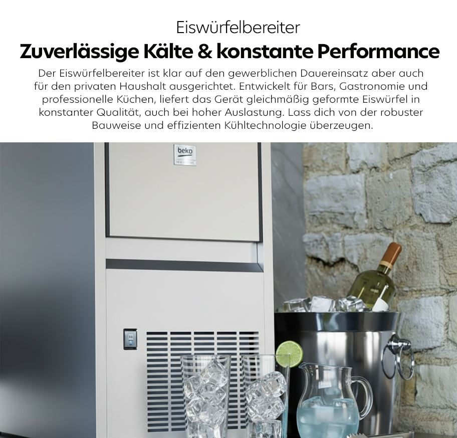 Feature-Banner, Gewerblicher Beko Eiswürfelbereiter mit 6 kg Kapazität, daneben Gläser mit Eiswürfeln, Karaffe mit Wasser, Eiskübel mit Weinflasche vor Steinwand.'