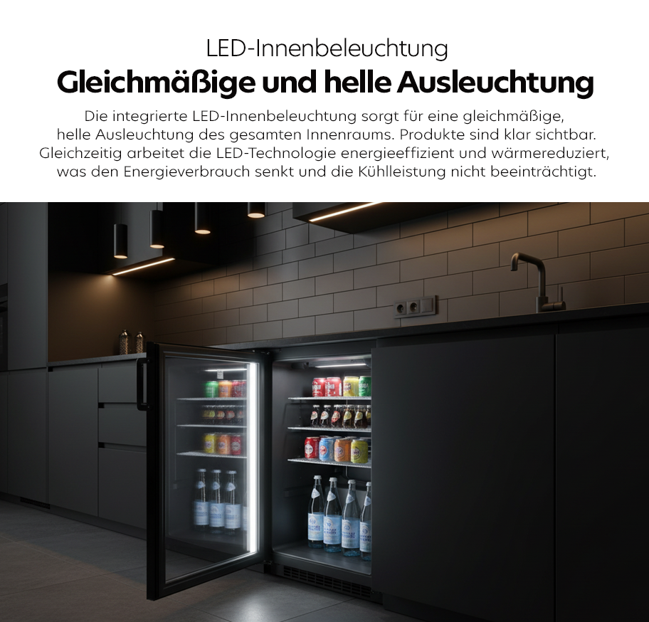 Feature-Banner, Offene Gewerbekühlgeräte von Beko mit integrierter LED-Innenbeleuchtung, die den Innenraum gleichmäßig und hell ausleuchtet.'