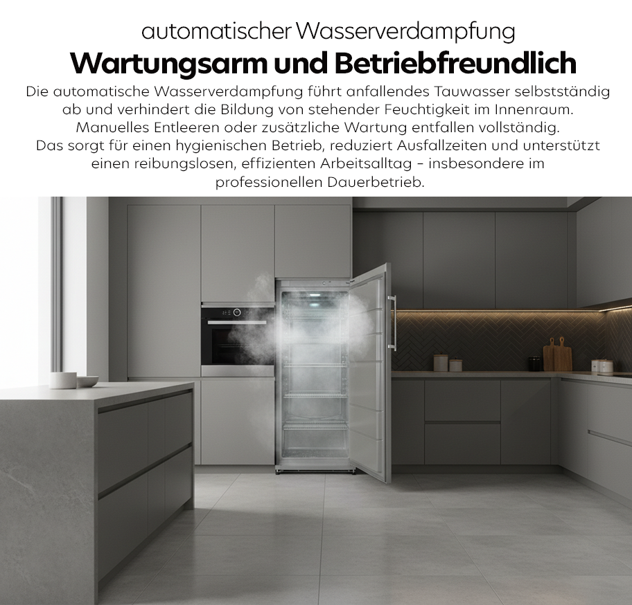 Feature-Banner, Offener Beko Vollraumkühlschrank in moderner, grauer Küchenzeile mit sichtbarer Wasserverdampfung im Innenraum.'