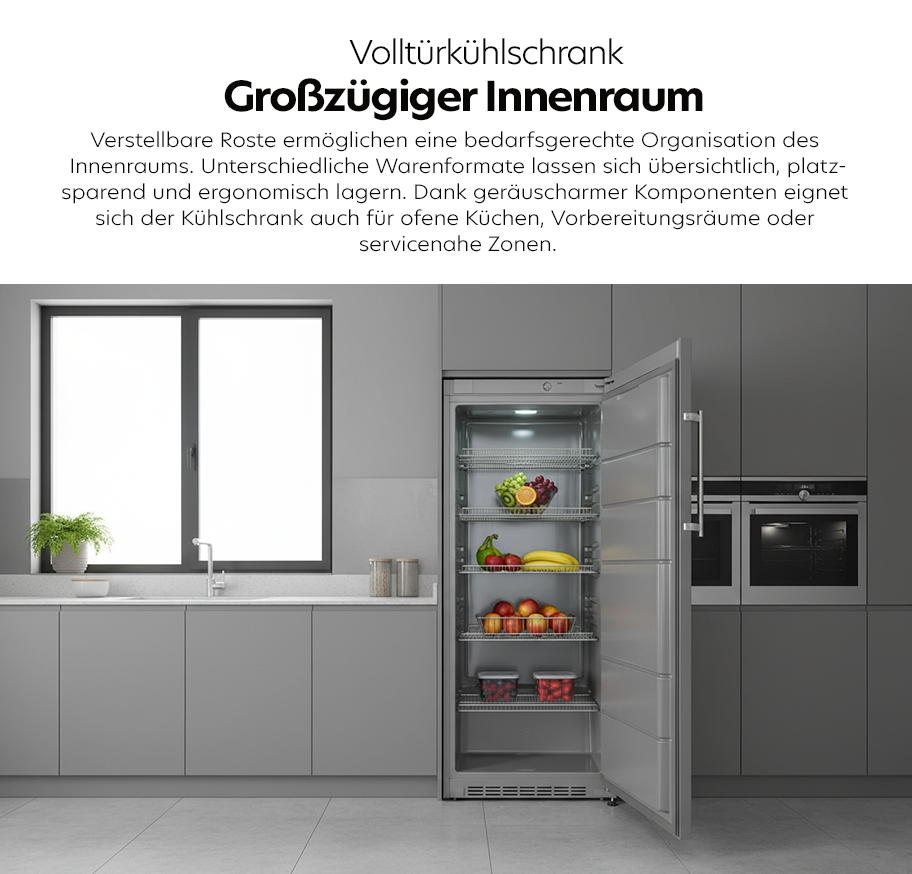 Feature-Banner,Offener Beko Vollraumkühlschrank in moderner Küche mit verstellbaren Rosten und verschiedenen Lebensmitteln auf den Regalen.'