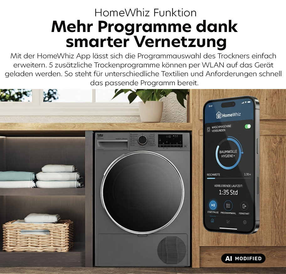 Feature-Banner, Moderner Beko Professional Trockner in einer Holznische mit gefalteten weißen Handtüchern und einem Smartphone daneben, das die HomeWhiz App mit einem vernetzten Trockenprogramm anzeigt.'