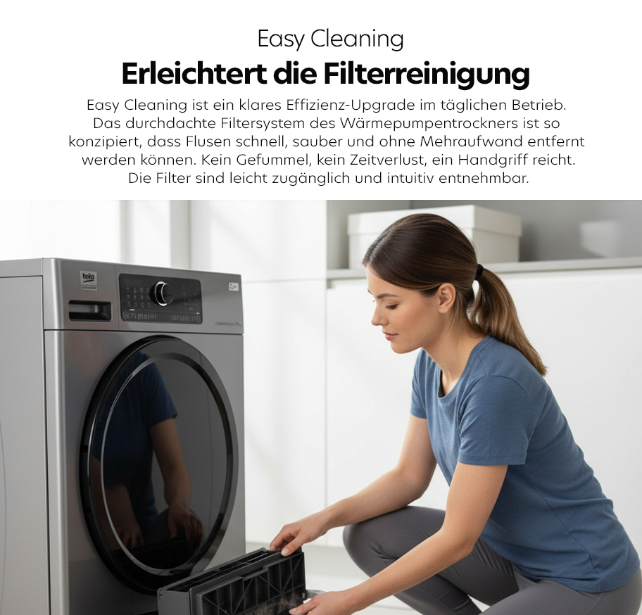 Feature-Banner, Frau entnimmt Filter aus einem Beko Wärmepumpentrockner in moderner Waschküche, um die einfache Reinigung zu demonstrieren.'