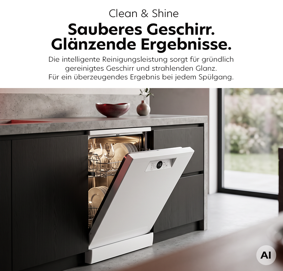 Geöffneter Geschirrspüler in moderner Küche mit sauberem Geschirr und Text zu Reinigungsergebnissen darüber.