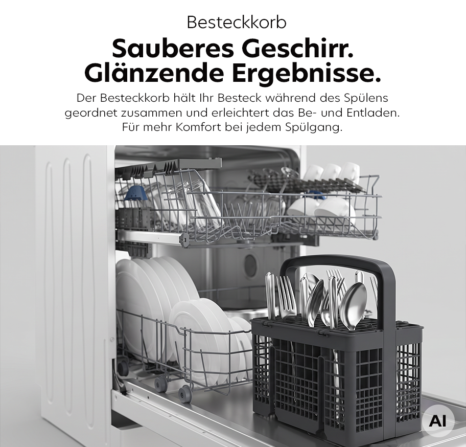 Offener Geschirrspüler mit Besteckkorb im Vordergrund und eingestelltem Geschirr im Hintergrund.