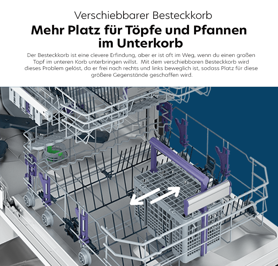 Feature-Banner, Verschiebbarer Besteckkorb in einem Geschirrspüler, mit Pfeilen, die die seitliche Beweglichkeit anzeigen.'