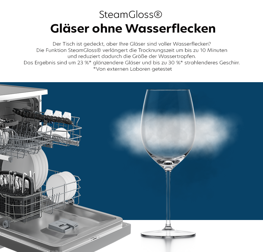 Feature-Banner, Geöffneter Geschirrspüler mit Besteck und Geschirr im Innenraum, daneben ein Weinglas mit Dampfwolke, die auf die Funktion SteamGloss® hinweist.'