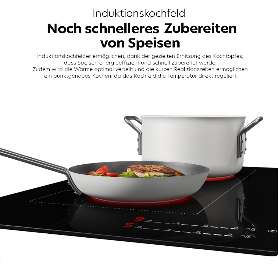 Feature-Banner, Im Vordergrund steht ein Beko Induktionskochfeld mit digitaler Anzeige und roten Leuchtpunkten. Darauf befindet sich eine silberne Pfanne mit gebratenem Fleisch und Gemüse sowie ein großer, silberner Kochtopf mit seitlichen Griffen. Die Oberfläche des Kochfelds ist glänzend schwarz und zeigt klare, geometrische Markierungen für die Kochzonen. Oberhalb des Kochfelds ist ein Text zu sehen, der die Vorteile des Induktionskochfelds hervorhebt.