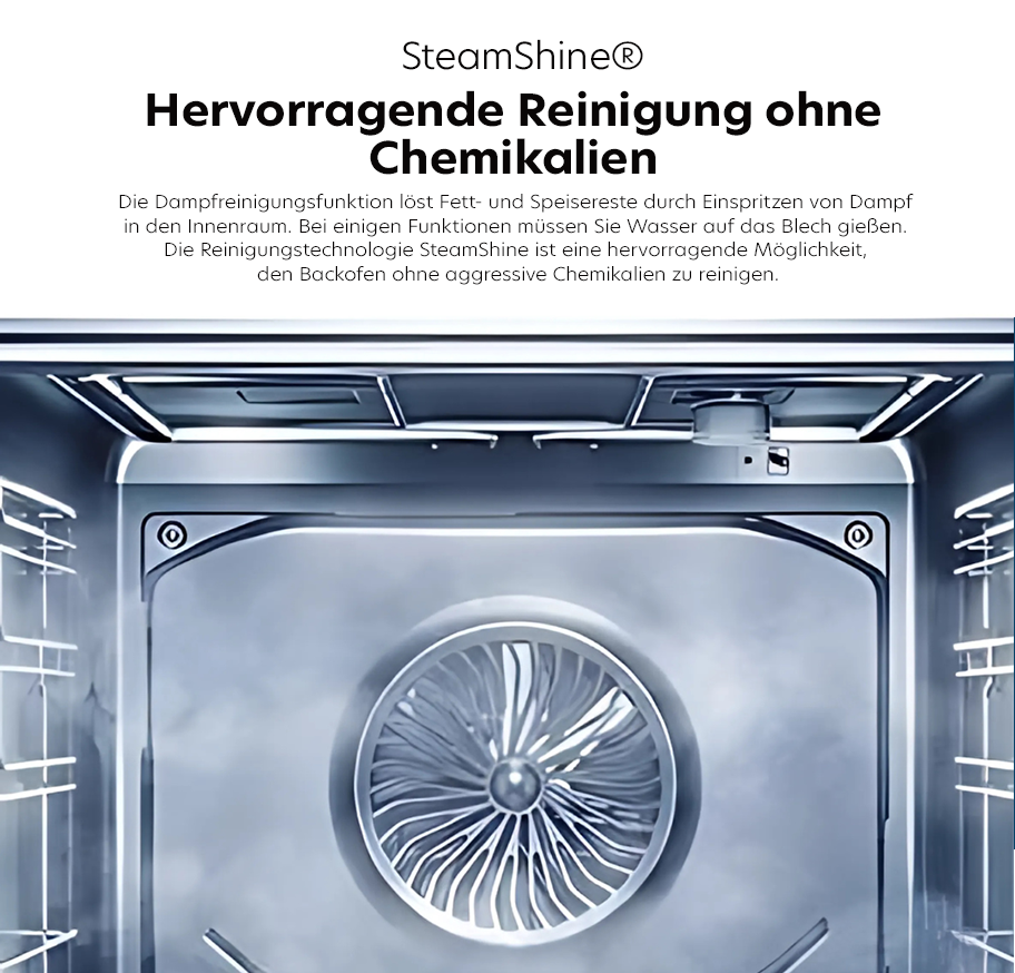 Feature-Banner, Blick in einen Backofen mit Dampfreinigung, sichtbar ist ein großer Ventilator in der Mitte und Dampf im Innenraum.'