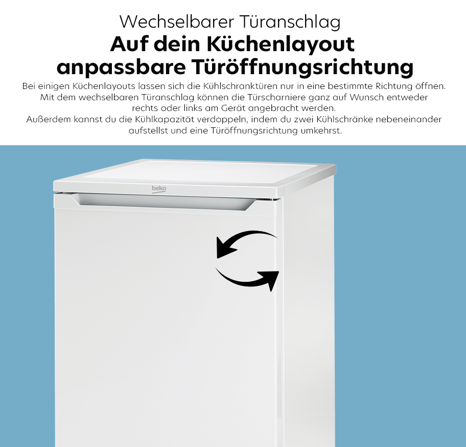 Feature-Banner, Weißer Tischkühlschrank der Marke Beko mit Pfeilen, die eine wechselbare Türöffnungsrichtung anzeigen.
