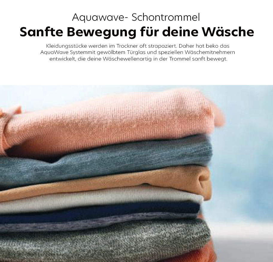 Feature-Banner, Gestapelte, gefaltete Textilien in verschiedenen Farben, darunter Beige, Blau und Grau. Text oben: 'Sanfte Bewegung für deine Wäsche'. Logo 'AquaWave - Schontrommel'.