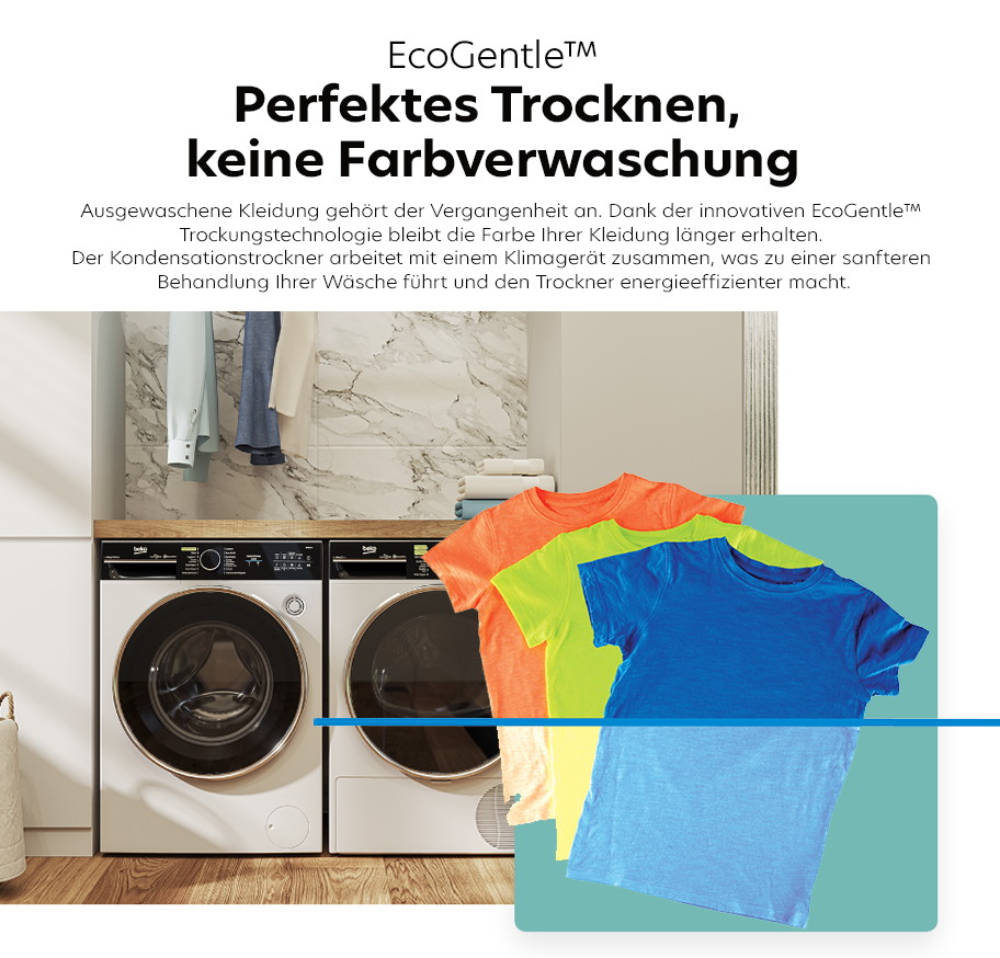 Feature-Banner, Waschmaschine und Trockner in weiß mit schwarzer Tür, darüber hängende Kleidung, daneben drei bunte T-Shirts in Orange, Gelb und Blau, Text zu EcoGentle-Trocknungstechnologie.'