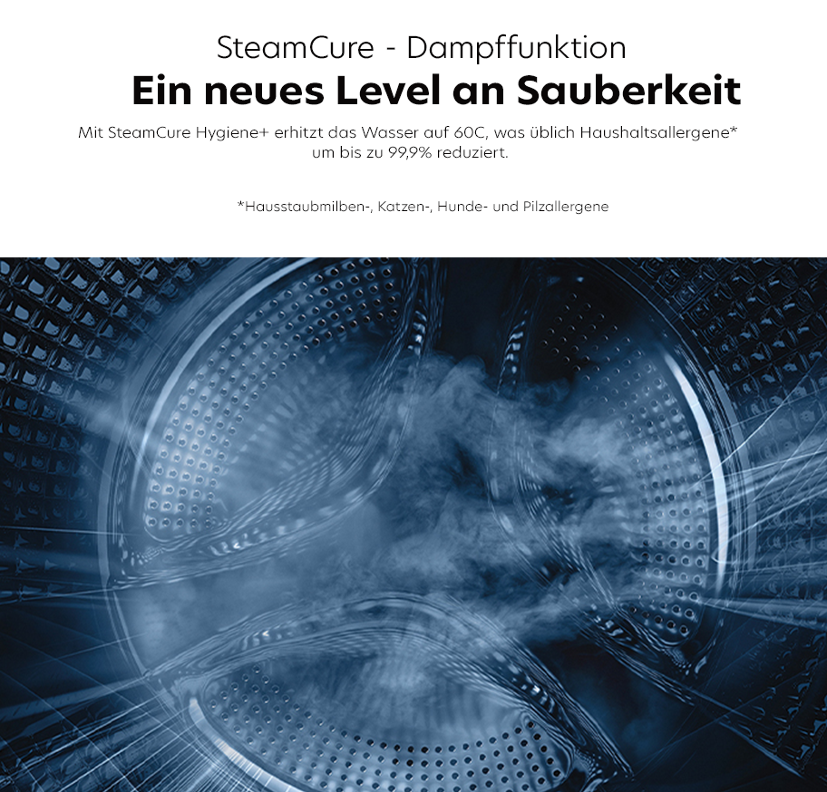 Feature-Banner, Blick in die Trommel einer Waschmaschine mit sichtbarem Dampf, dazu Text zu SteamCure Dampffunktion und Hygieneplus, die Haushaltsallergene um bis zu 99,9 % reduziert.'