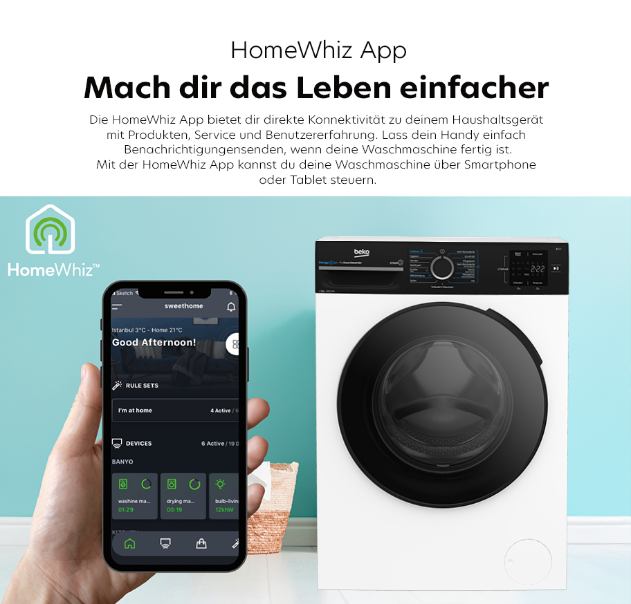 Feature-Banner, Smartphone mit geöffneter HomeWhiz App zeigt Steuerungsoptionen neben einer weißen Beko Waschmaschine mit schwarzer Tür und digitalem Display.'