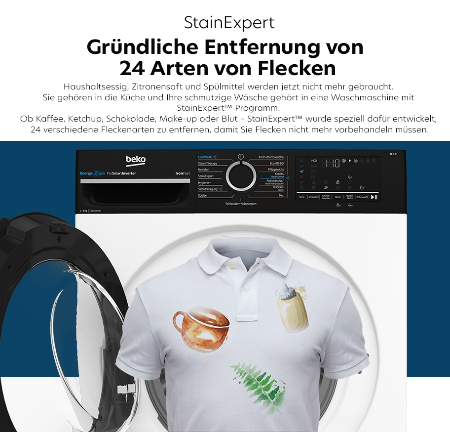 Feature-Banner, Waschmaschine der Marke Beko mit StainExpert-Programm, darüber Text zur gründlichen Entfernung von 24 Fleckenarten, darunter Kaffee, Ketchup, Schokolade, Make-up und Blut, sowie ein weißes Polohemd mit Flecken von Kaffee, Senf und einem grünen Blatt.'