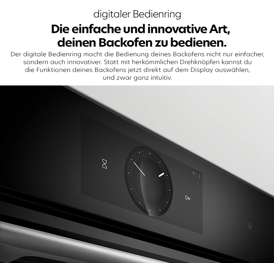 Feature-Banner, Digitaler Bedienring auf dem Display eines Bosch Backofens mit Uhrzeitanzeige und Symbolen für Funktionen.'
