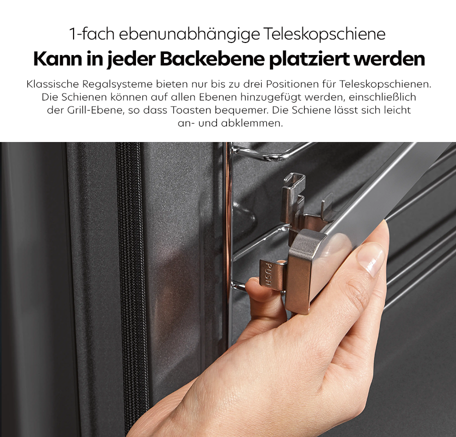 Feature-Banner, Hand hält eine silberne teleskopische Schiene im Inneren eines Backofens mit Metallgittern.'