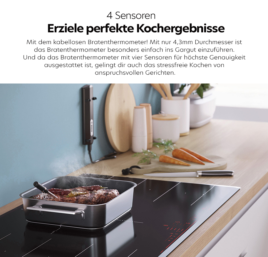 Feature-Banner, Kochfeld mit quadratischer Bratpfanne, in der ein Bratenthermometer steckt, im Hintergrund Küchenutensilien auf der Arbeitsplatte.'