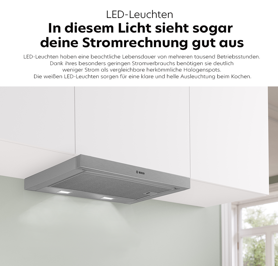 Feature-Banner, Dunstabzugshaube von Bosch mit integrierten LED-Leuchten unter weißen Küchenhängeschränken über einer hellgrünen Wand.'