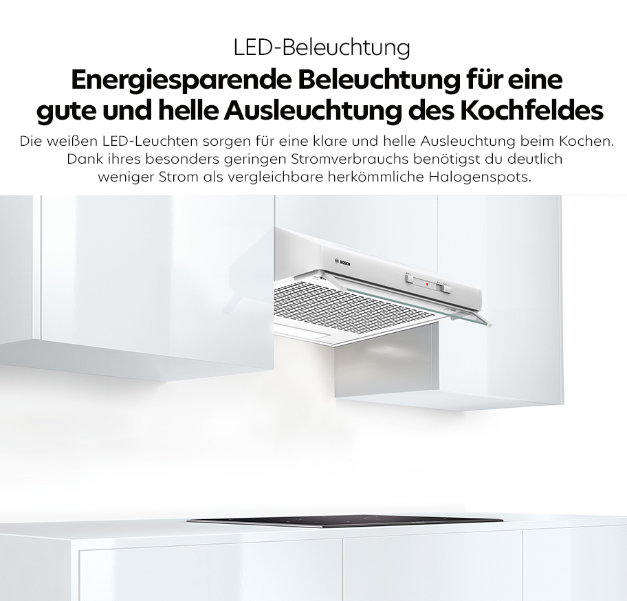 Feature-Banner, Weiße Bosch Dunstabzugshaube mit LED-Beleuchtung über einem weißen Kochfeld in moderner Küche.'