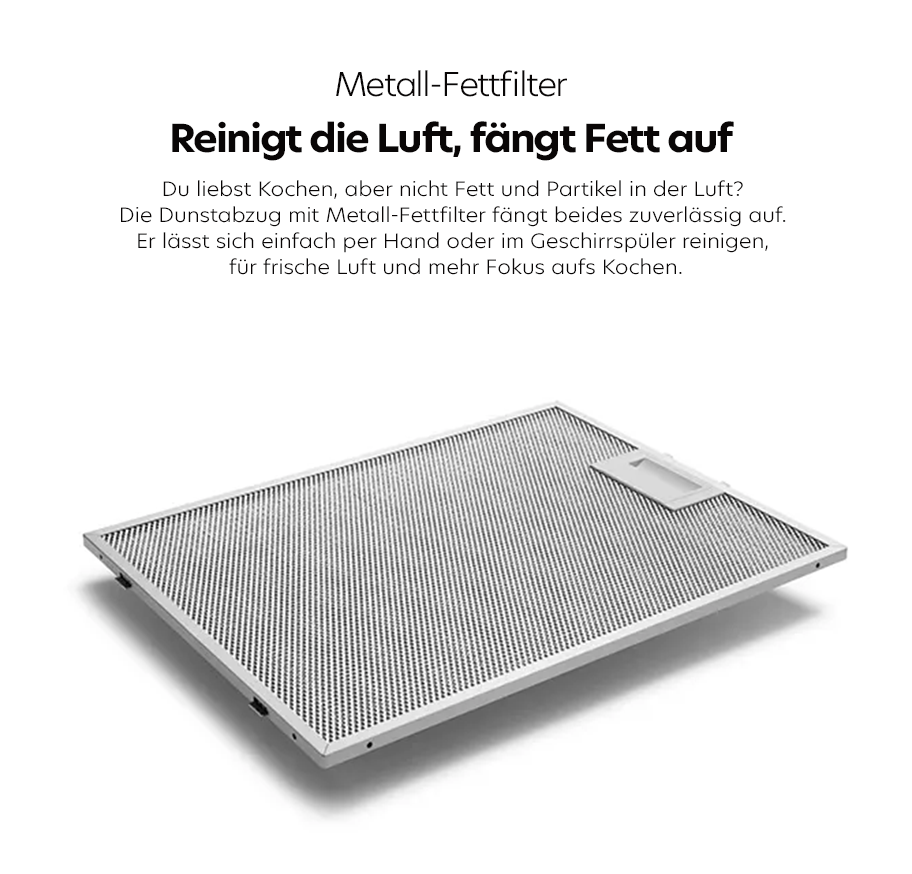 Feature-Banner, Metall-Fettfilter für Dunstabzugshaube von Bosch mit feiner Gitterstruktur und Griff zum Herausnehmen.'