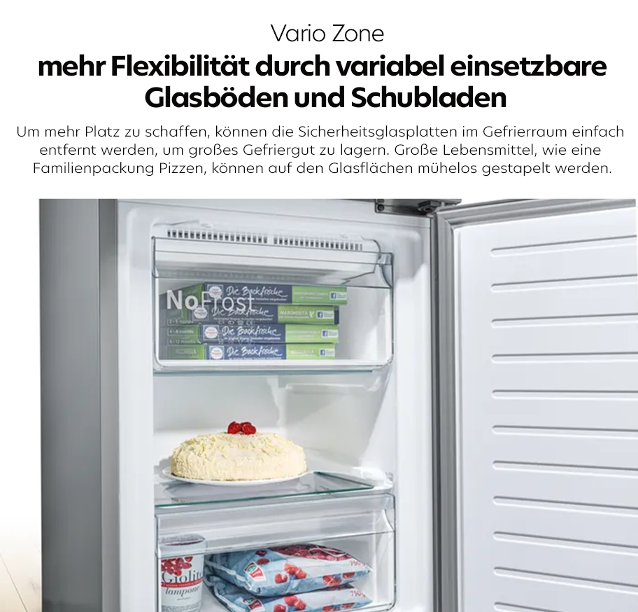 Feature-Banner, Offener Bosch Gefrierschrank mit variabel einsetzbaren Glasböden und Schubladen, darin Familienpackung Pizzen, Kuchen und Tiefkühlprodukte.'