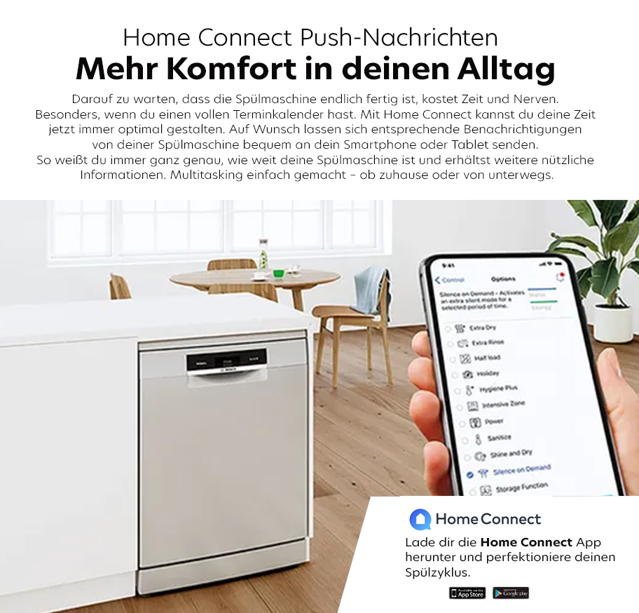 Feature-Banner, Küchenraum mit freistehendem Bosch Geschirrspüler und Hand, die ein Smartphone mit geöffneter Home Connect App zeigt.'