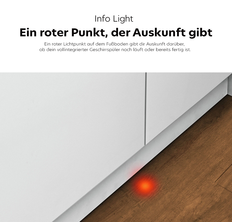 Feature-Banner, Roter Lichtpunkt auf dem Fußboden vor einem weißen vollintegrierten Geschirrspüler auf Holzboden.'
