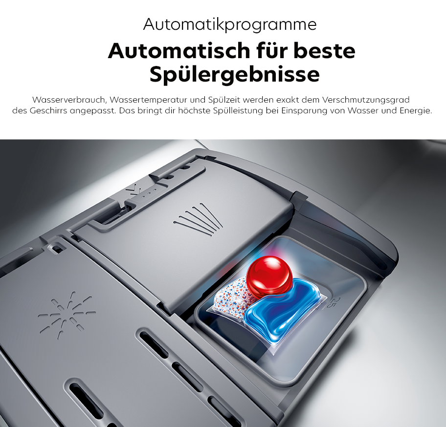 Feature-Banner, Nahaufnahme eines geöffneten Spülmittelbehälters eines Bosch Geschirrspülers mit einem roten Kapselverschluss und blauer und weißer Spülmittelkapsel.