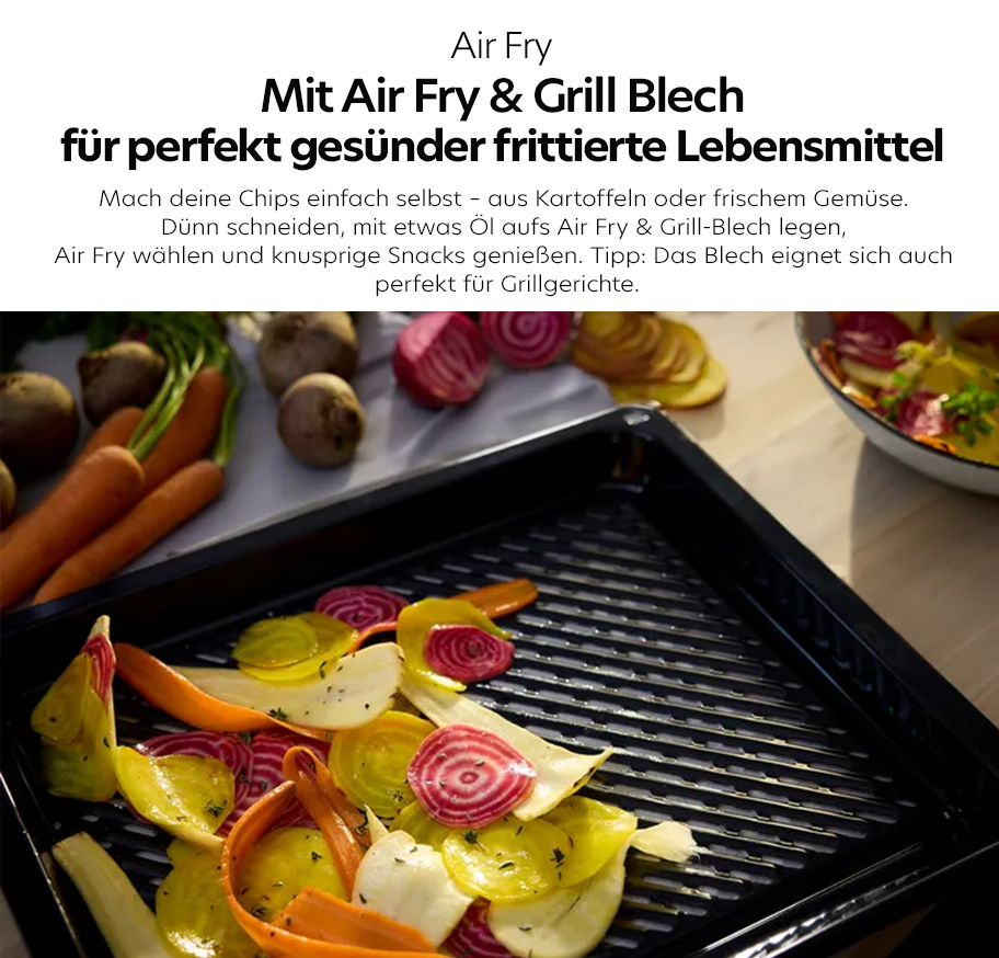 Feature-Banner, Bosch Grillblech mit dünn geschnittenem Gemüse wie Karotten und Rote Bete, daneben frisches Gemüse auf einem Holztisch.'