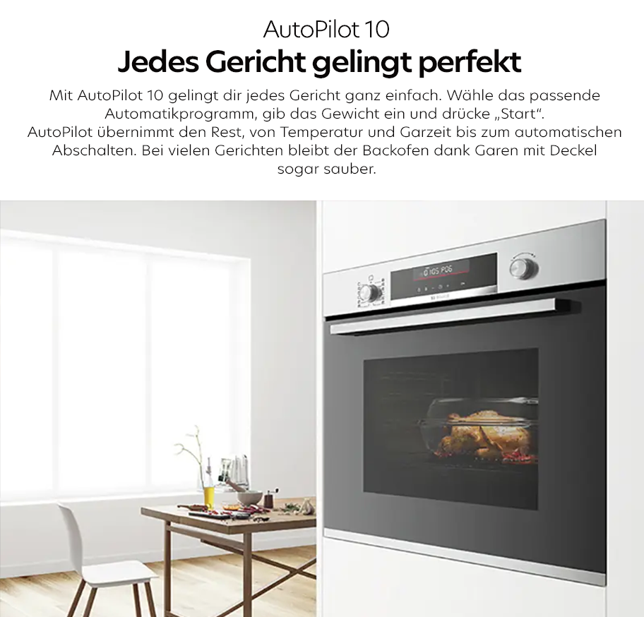 Feature-Banner, Bosch Herd mit AutoPilot 10 Anzeige und Braten im Backofen neben modernem Essbereich mit Tisch, Stuhl und Fenster'