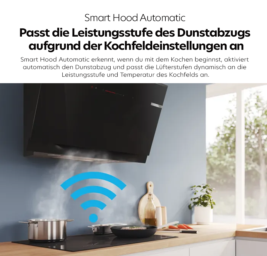 Feature-Banner, Moderne Küche mit Bosch-Dunstabzugshaube über Kochfeld, auf dem ein Topf und eine Pfanne stehen, darunter eine blaue WLAN-Symbolgrafik, daneben Schneidebrett und Pflanze auf der Arbeitsplatte.'