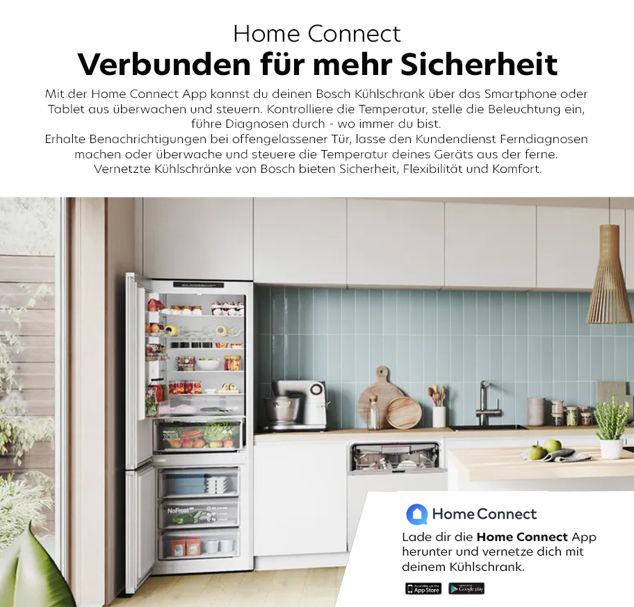 Feature-Banner, offener Bosch Kühlschrank in moderner Küche mit Home Connect App, die Temperatur und Beleuchtung steuert und Benachrichtigungen sendet