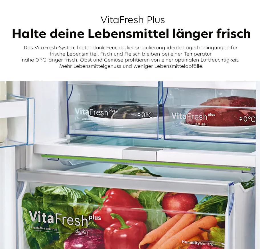 Feature-Banner, Offene VitaFresh XXL-Schublade im Bosch-Kühlschrank gefüllt mit frischem Obst und Gemüse wie Trauben, Äpfeln, Karotten, Salat und Romanesco.'