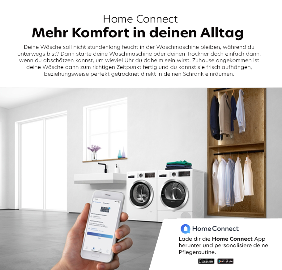 Feature-Banner, Waschmaschine und Trockner nebeneinander in modernem Waschraum, daneben offener Schrank mit hängenden Hemden und gefalteter Wäsche, Hand hält Smartphone mit geöffneter Home Connect App.'