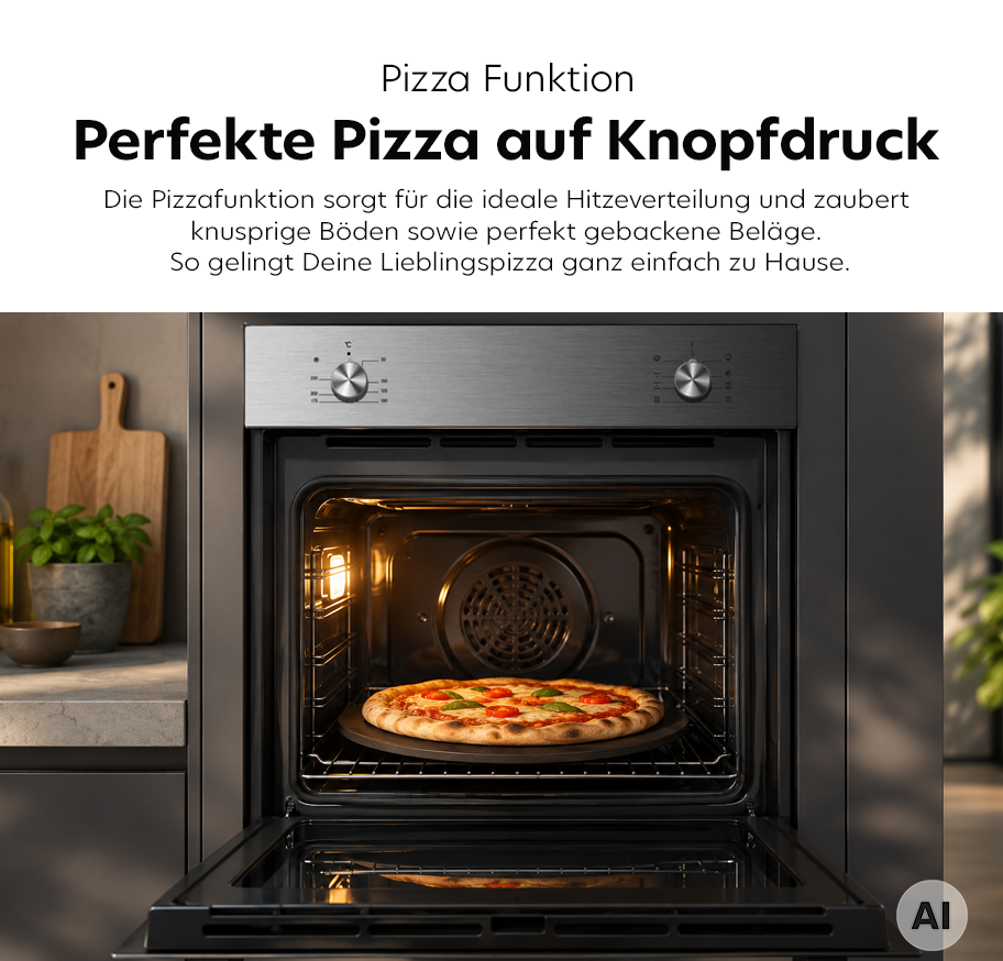 Feature-Banner, Im Mittelpunkt steht ein geöffneter Backofen der Marke Candy, in dessen Innenraum eine Pizza auf einem Rost liegt. Die Pizza ist goldbraun gebacken und belegt. Der Backofen ist in eine moderne, dunkle Küchenzeile integriert. Oberhalb des Bildes befindet sich ein Textfeld mit der Überschrift 'Pizza Funktion Perfekte Pizza auf Knopfdruck' und einer kurzen Beschreibung der Pizzafunktion, die eine ideale Hitzeverteilung und knusprige Böden verspricht. KI-Generiert.'