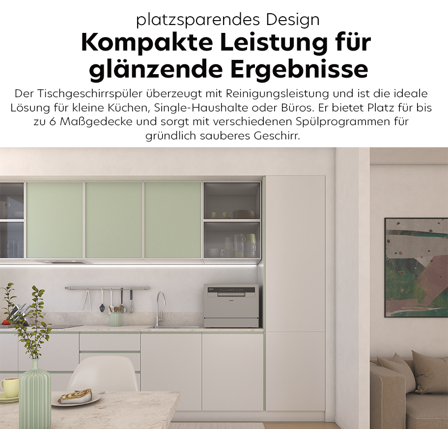 Feature-Banner, Kleine moderne Küche mit weißen Schränken, integriertem Candy Tischgeschirrspüler auf der Arbeitsplatte, Esstisch mit Stuhl und Dekorationen.'