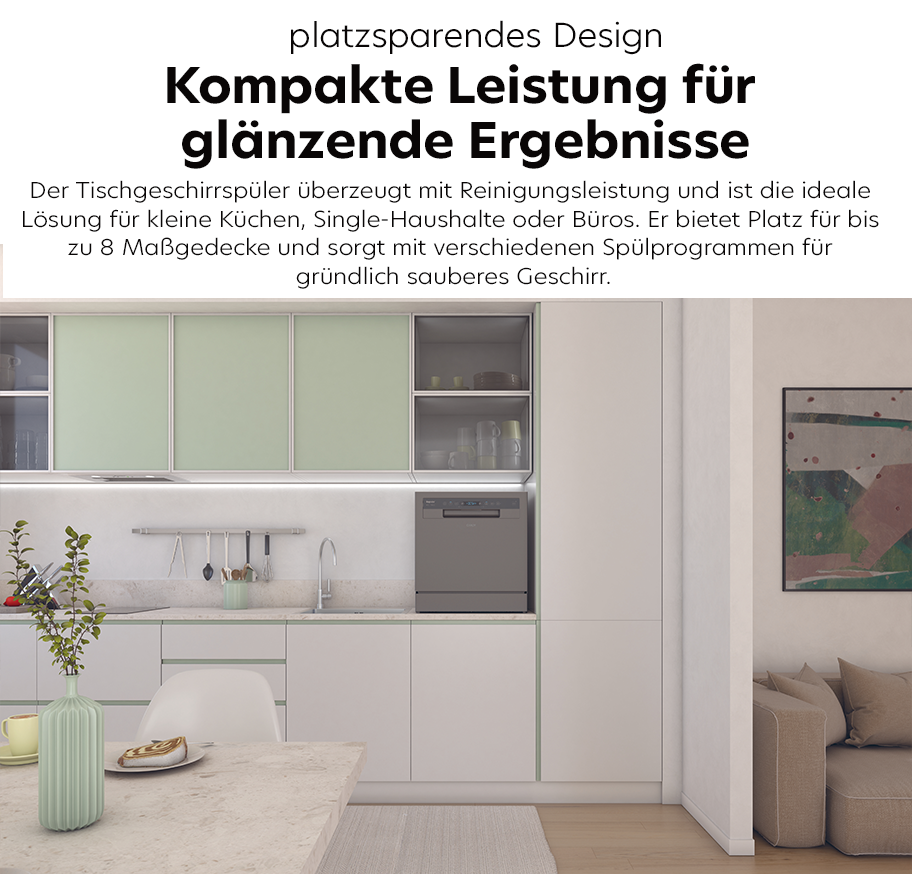 Feature-Banner, Kleine moderne Küche mit weißen Schränken, integriertem Candy Tischgeschirrspüler auf der Arbeitsplatte, Esstisch mit Stuhl und Dekorationen.'